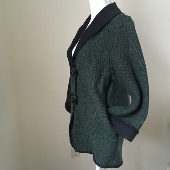 Vintage green herringbone Shawl-collar boiled wool jacket toggle closure - Picture 6 of 9